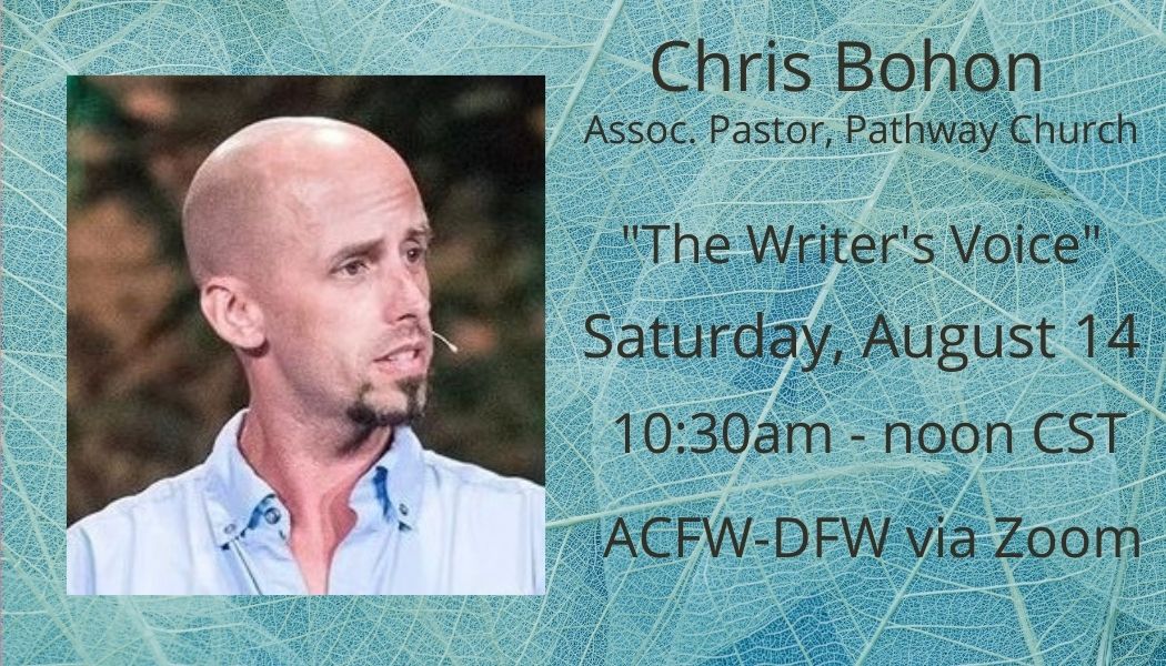 acfwdfw's tweet photo. Join ACFW-DFW 8-14, 10:30–12:00, as Chris Bohon, assoc pastor at Pathway Church, speaks re: “Your Writing Voice.” This will dive into different POVs looking at the passage of Luke 15 (the parable of the father and the two sons). #ACFW #ACFWDFW #amwriting #writingcommunity https://t.co/byqjqgeFN2