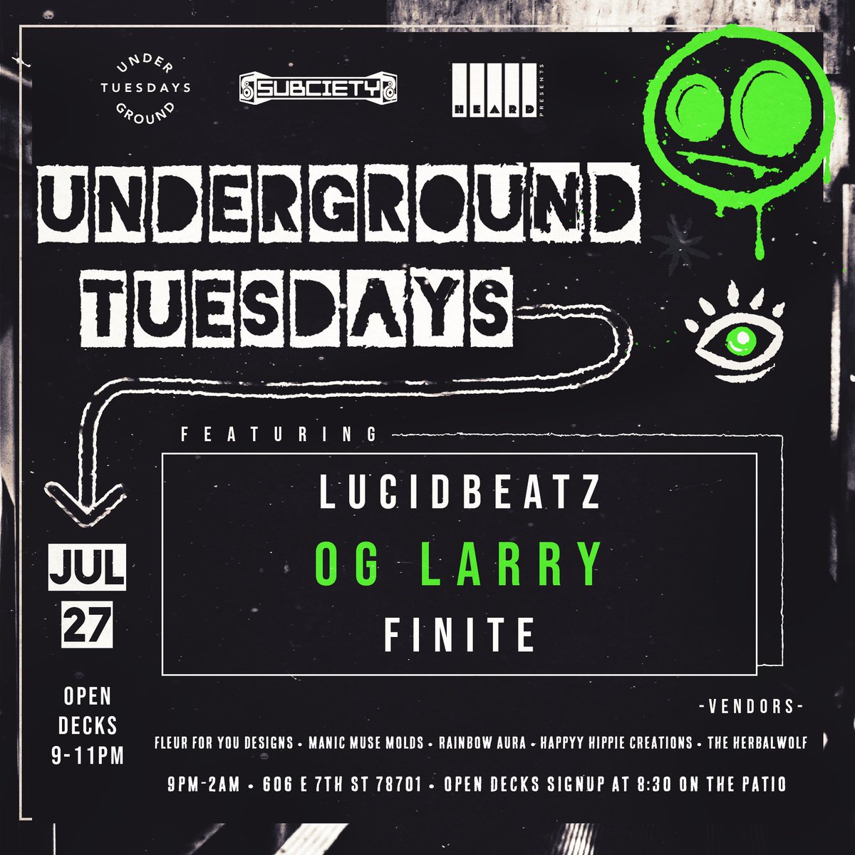 ★ Just Announced ★

<a href="/UNDRGRND_TSDYS/">Underground Tuesdays</a> ft. @OGLarryDubz, <a href="/lucidbeatz_/">L U C A S D I L E O</a>, <a href="/I_Am_Finite/">I AM FINITE</a> at Empire Control Room on Tuesday, July 27th! 

Free event! Open decks 9-11pm, sign-up at 8:30pm