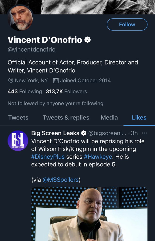 Vincent D’Onofrio liked a tweet reporting that he will return as Kingpin in #Hawkeye
