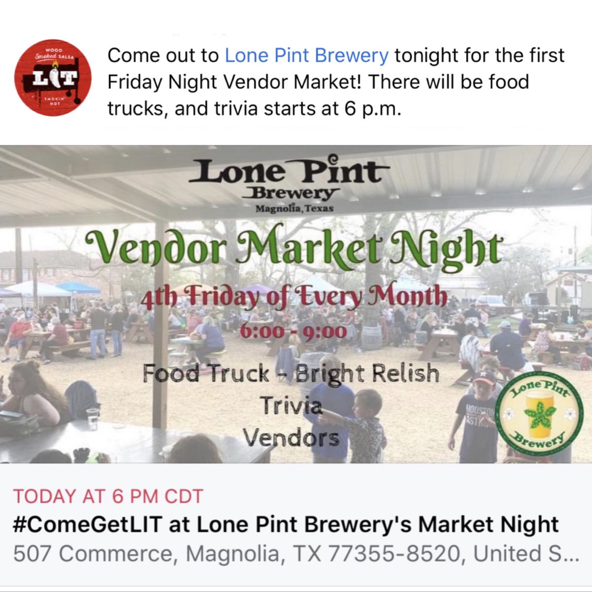 GetLITSalsa's tweet photo. Come out to Lone Pint Brewery tonight for the first Friday Night Vendor Market! There will be food trucks, and trivia starts at 6 p.m. 

https://t.co/3gP53g0R3q

#ShopSmall #GetLIT #SupportLocal @LonePint https://t.co/rux32Jk3rX