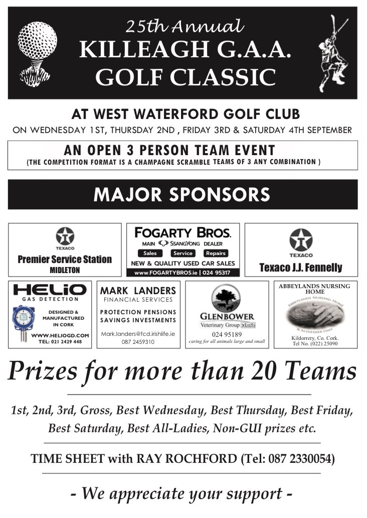 .@Power4Seamus promoting the 25th Annual <a href="/KilleaghGAA/">Killeagh GAA</a> Golf Classic from Sept 1st-4th taking place at Seamus’s home club <a href="/gc_waterford/">WEST WATERFORD GC</a>, a competition he won back in 2003 as a 16 year old (on left in photo). <a href="/brianoh91/">Brian O Halloran</a> &amp; <a href="/MikeyFitz91/">Mikey Fitzgerald</a> joined in for the 2021 promo photo! <a href="/PGATOUR/">PGA TOUR</a>