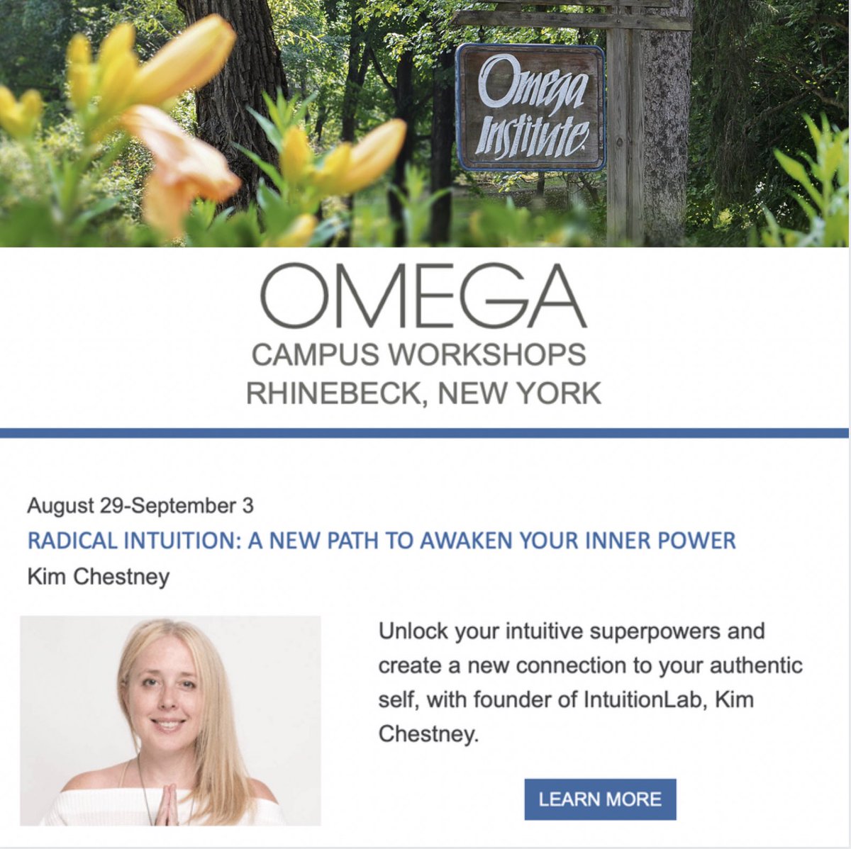 KimChestney's tweet photo. Tickets on sale now for our first in-person #RadicalIntuition retreat at the @omega_institute! https://t.co/eYht70n6jq #intuition #intuitiondevelopment #omegainstitute https://t.co/vJop1OAQUm