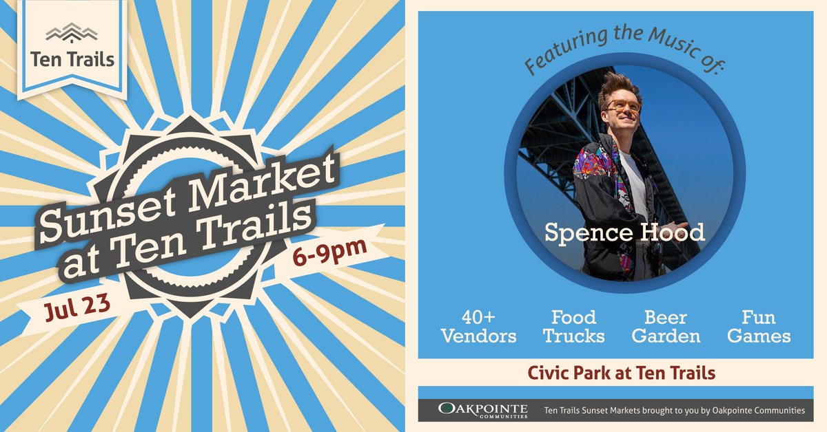 TenTrails's tweet photo. We will see you TONIGHT at our Sunset Market from 6 to 9pm at Civic Park!

There will be a beer garden, live music by Spence Hood, an inflatable slide, lawn games, food trucks, and more than 40 vendors!

Don't miss it 😎 https://t.co/p2qJVrUujB
