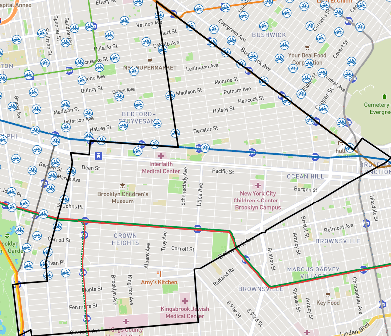 A map of brooklyn. Crown Heights and Ocean Hill are outlined in black.