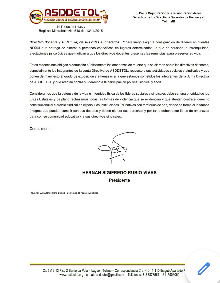 <a href="/asddetol/">ASDDETOL</a> rechaza las intimidaciones y amenazas en contra de los actores sociales y sindicales de Ibagué y del Tolima realizados por parte de grupos armados al margen de la ley.