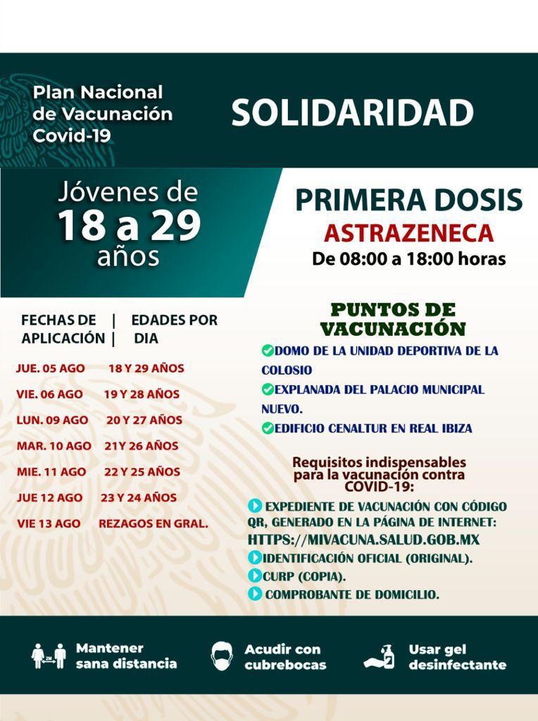 Jóvenes de 18 a 29 años en #Solidaridad, les informo que serán vacunadas y vacunados del 5 al 13 de agosto con dosis AstraZeneca. No olviden registrarse y llevar su documentación. ¡Saludos! <a href="/SESA_QROO/">SESA Quintana Roo</a>