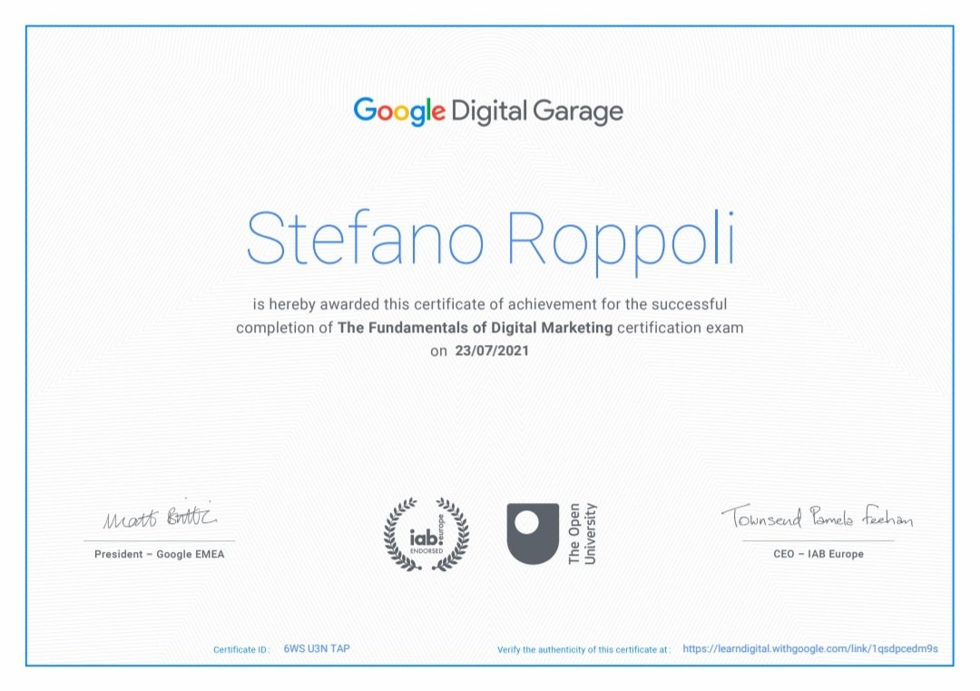 RoppoliStefano's tweet photo. Happy to announce my completion of Google's Fundamentals of Digital Marketing certificate! Gained some fantastic knowledge that I will surely carry over to future ventures!

#startupsummer21 https://t.co/JLJ1OJ3YpT