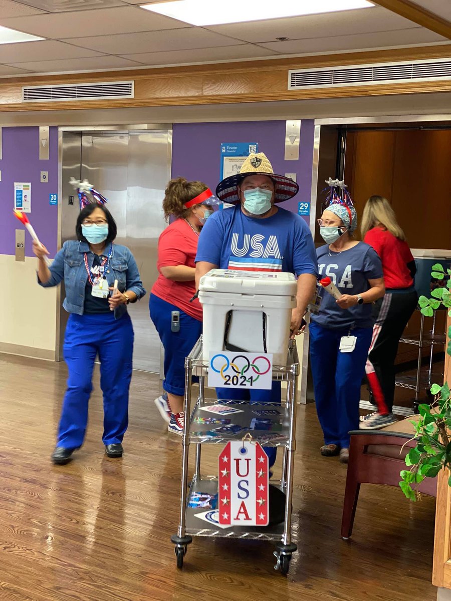 JPS_Health's tweet photo. As the #Olympics opens in Japan, leaders for Medical-Surgical units dressed as Team USA and decorated an #icecream cart. All to show appreciation to their hard working teams!
#JPSpride #TGINurses https://t.co/eihdO2GTi6
