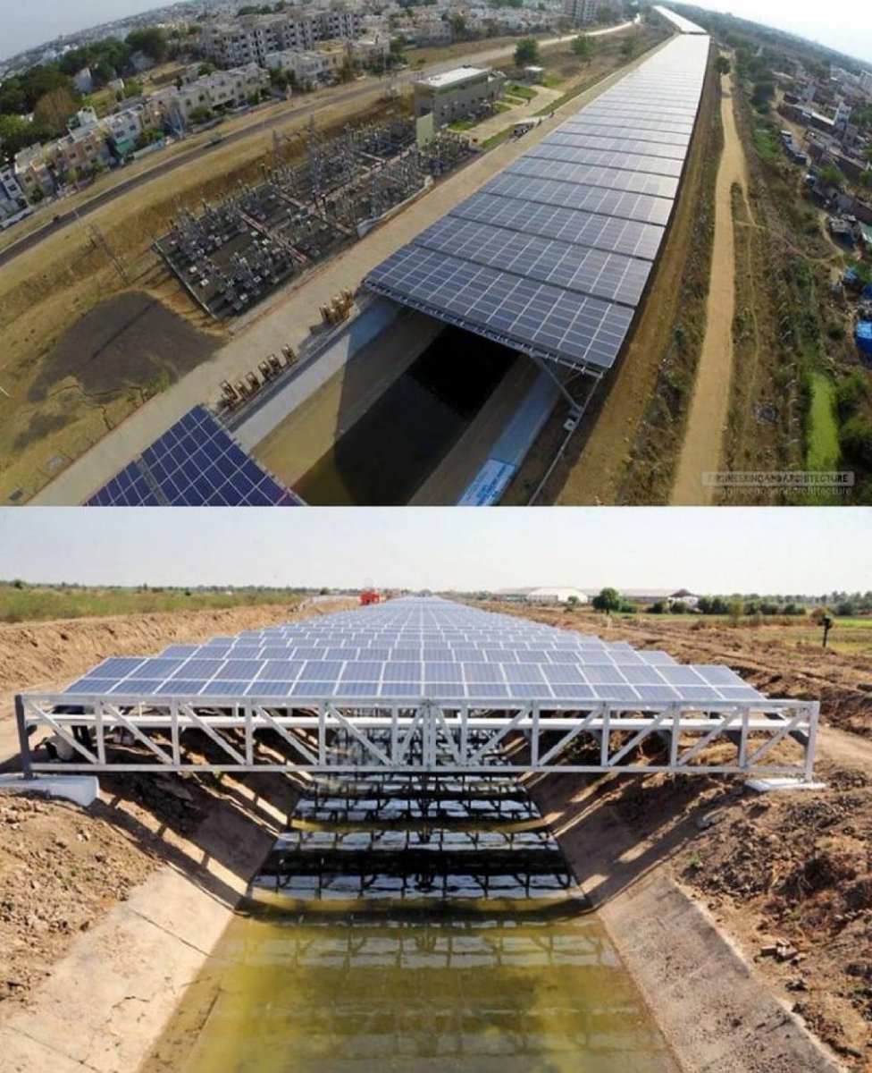 📸 Hindistan'da güneş panellerinin su kanalları üzerine monte edilmesi sayesinde buharlaşma kayıplarının önüne geçiliyor , fazladan arazi kullanılmıyor ve aynı zamanda panellerin soğuk tutulması sağlanıyor.