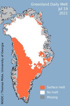 Antarcticacl's tweet photo. Derretimiento estival de la superficie de #Groenlandia pasó su máximo estacional q este año incluyo un peak récord👇Aunque la temporada ha estado en promedio cerca de valores típicos, en Julio19 casi la mitad de la isla experimentó derretimiento! https://t.co/O3SAD9k6UZ https://t.co/4Aipezfac7