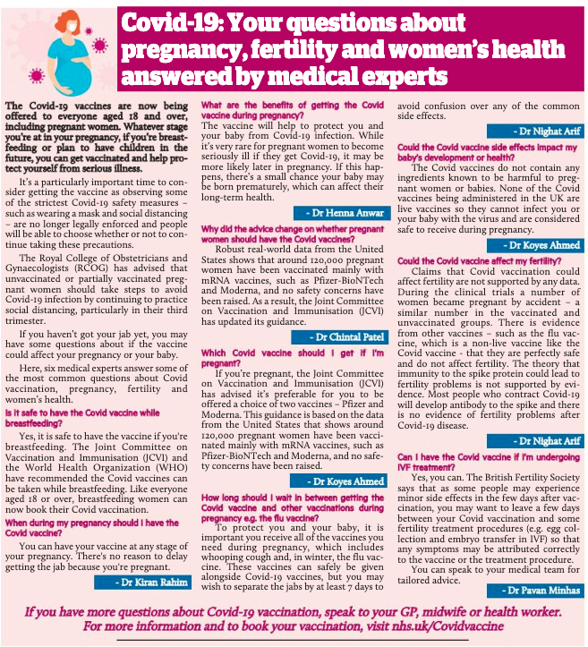 Asian Voice (@asianvoicenews) on Twitter photo Six medical experts answer some of the most common questions about Covid vaccination, pregnancy, fertility and womenβs health.
Read here: asian-voice.com/Lifestyle/Foodβ¦
<a href="/doctorhenna/">Dr Henna Anwar |NHS GP</a> <a href="/drchintalpatel/">Dr Chintal Patel</a> <a href="/DrNighatArif/">π«π π΅πππππ π¨πππ</a> #CovidVaccine <a href="/NHSuk/">NHS</a> Six medical experts answer some of the most common questions about Covid vaccination, pregnancy, fertility and womenβs health.
Read here: asian-voice.com/Lifestyle/Foodβ¦
<a href="/doctorhenna/">Dr Henna Anwar |NHS GP</a> <a href="/drchintalpatel/">Dr Chintal Patel</a> <a href="/DrNighatArif/">π«π π΅πππππ π¨πππ</a> #CovidVaccine <a href="/NHSuk/">NHS</a>