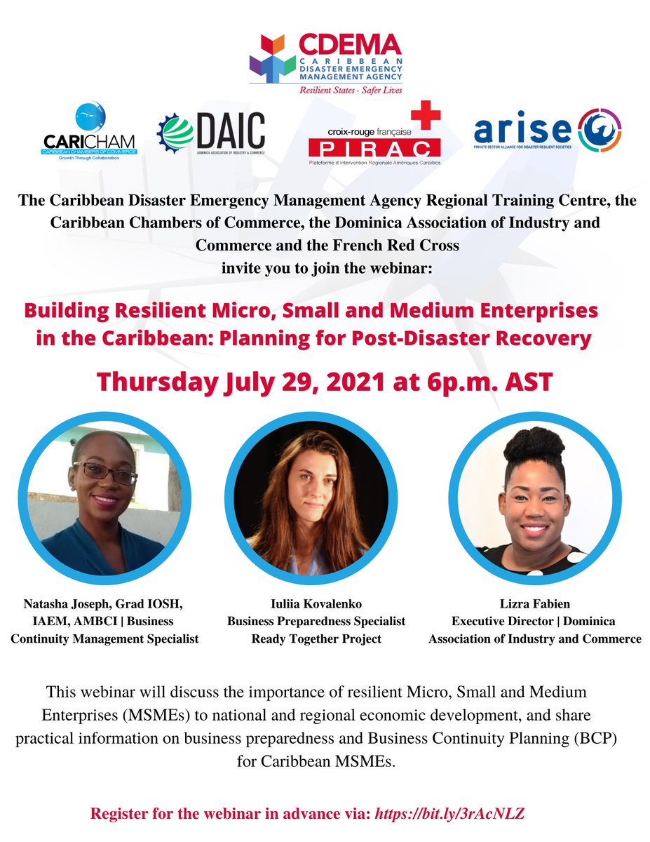 The CDEMA Regional Training Centre, invites you the webinar: “Building Resilient Micro, Small and Medium Enterprises in the Caribbean: Planning for Post-Disaster Recovery”

July 29, 2021 at 6p.m. AST

Register via: bit.ly/3rAcNLZ

#RegionalResponse #RRMinaction #cdema