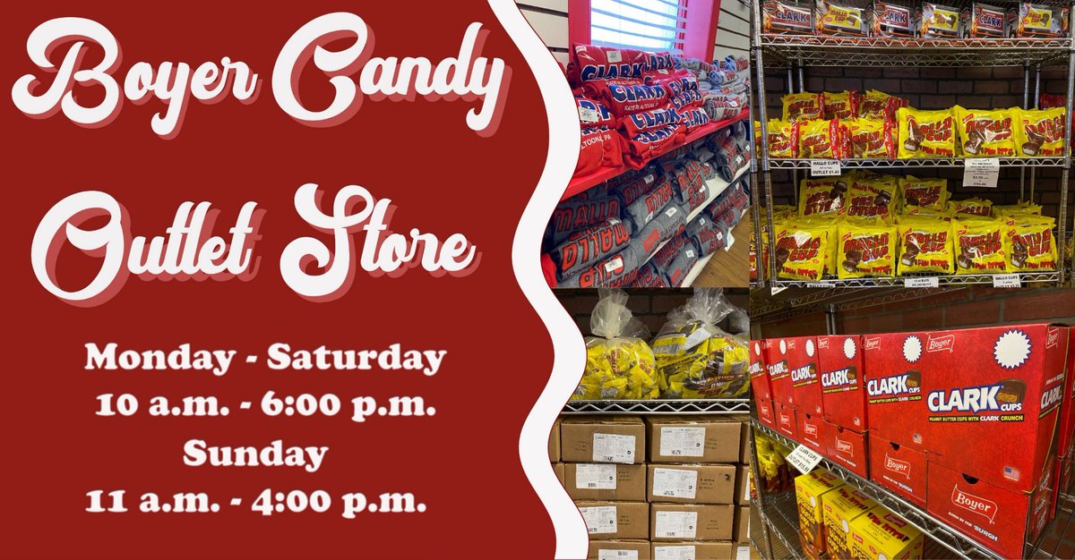 Our Factory Outlet Store is open seven days a week for all your sweet tooth needs!

Stop in today to stock up on all your #BoyerCandy favorites, grab some logo merchandise, find the perfect gifts for your friends or family, or pick up a box of imperfects!