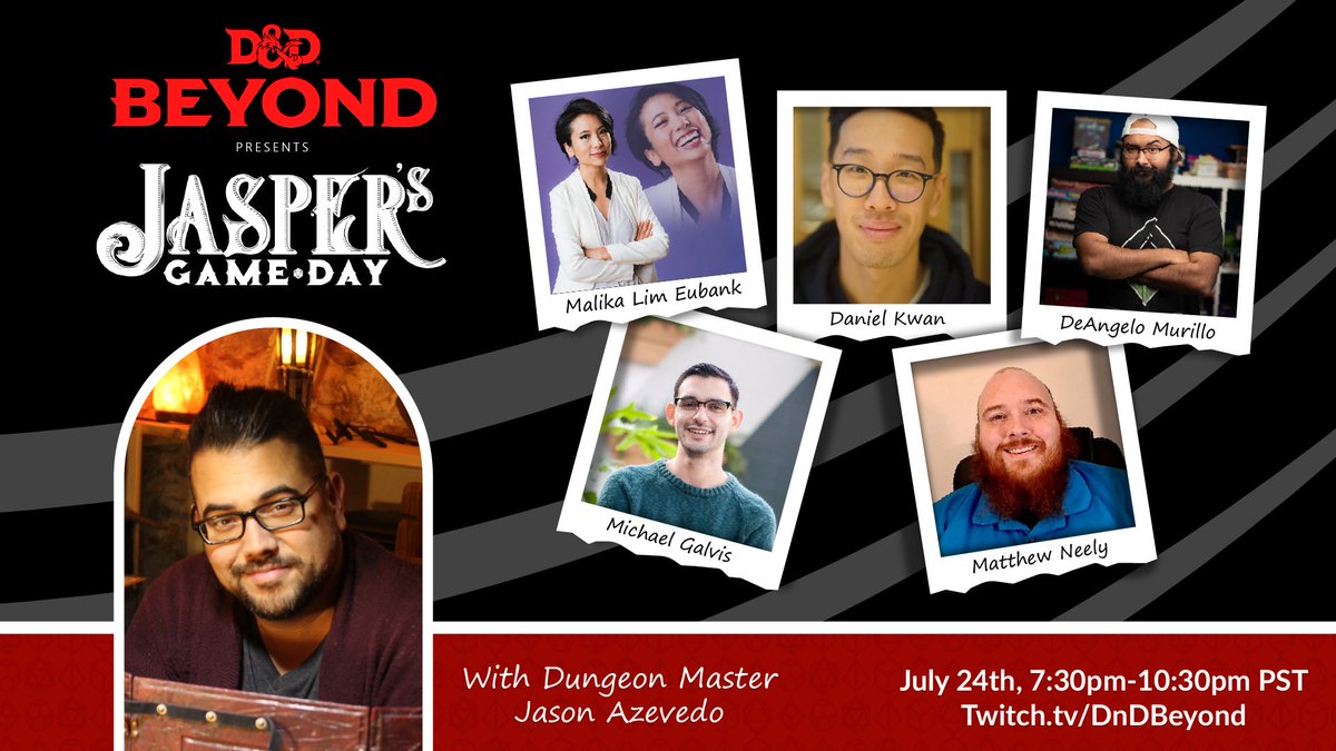 Tomorrow at 7:30pm PT, join us at  twitch.tv/dndbeyond @JaspersGameDay! The #dnd #liveplay will feature DM <a href="/realmsmithtv/">RealmSmith 🔜 D3atSea</a> w/ players <a href="/danielhkwan/">Daniel Kwan is on Bluesky</a>, <a href="/hello_malika/">Malika Lim Eubank</a>, <a href="/matthewtneely/">Taklinn</a>, @michaelgalvis, &amp; @that_deangelo, all in support of mental health awareness and suicide prevention.