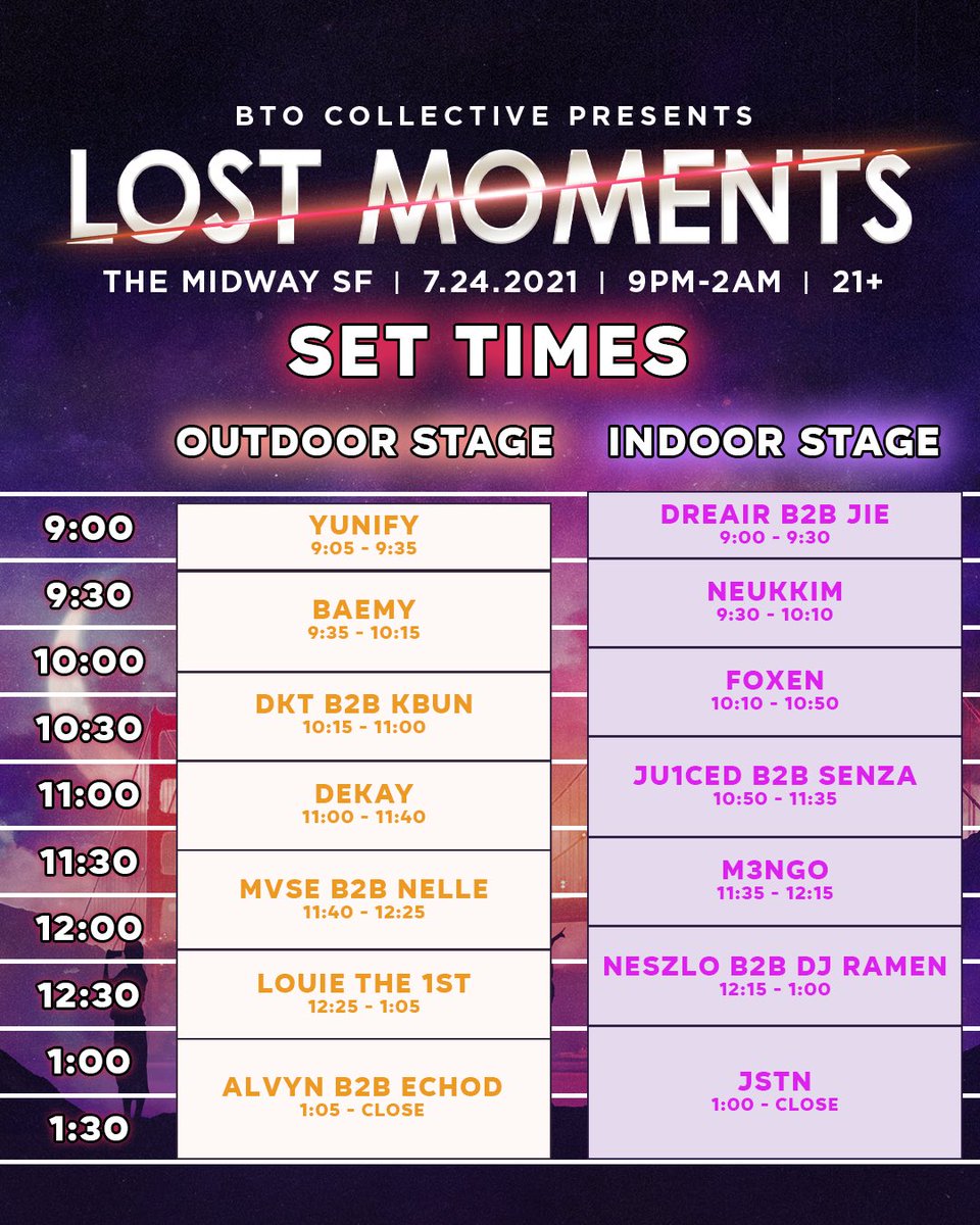 BTOCollective_'s tweet photo. WHO’S READY TO MAKE UP FOR LOST MOMENTS TOMORROW 🤩❤️ Set times for our first full-capacity festival back @Themidwaysf below.

Limited tickets at last tier available → https://t.co/l6PwtbaSmx ❤️ https://t.co/85pleeU0of