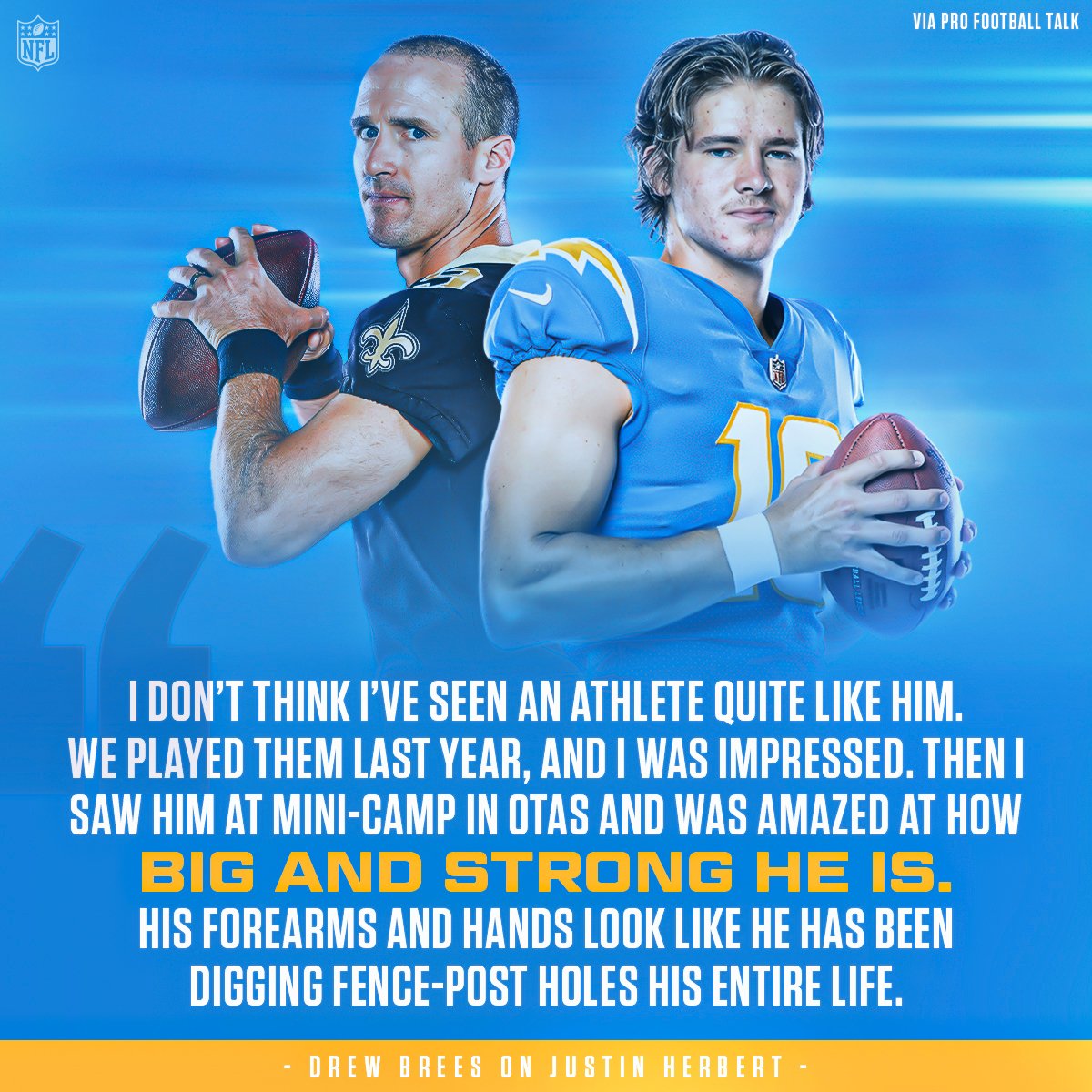 NFL's tweet photo. High praise from one of the best ever. 🙌⚡️ (via @ProFootballTalk)

@drewbrees | @Chargers https://t.co/KJh1hyxYU1