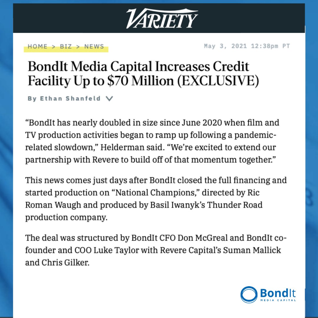 Bondit_film's tweet photo. We’re so excited to announce BondIt Media Capital’s increase in credit facility now up to $70 Million. Thanks #Variety for the #Shoutout !

#BondItMediaCapital #BondIt #MediaFinancing #FilmFinance #CreditFacility #VarietyArticle #EntertainmentNews #Finance #MediaFunding https://t.co/JEwi4S8x3L