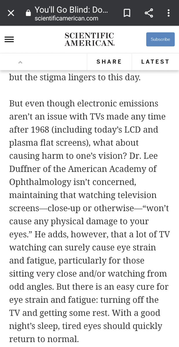 @TheCrazyLink1 @rdzjerry3 @dc_mcnabb @Zach_Pope_ @CreedChisum01 Cuz it's literally an urban legend parents told kids when tv came lol

Eyestrain doesn't cause eye prescriptions or blindness lol. It'll just be fatigue and headaches which are reversible. But it doesn't change the shape of your eyes (which is what nearsighted and farsighted is!)