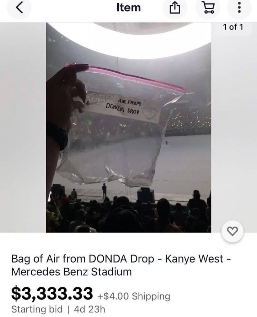 HipHopDX on X: Y'all play too much 🤣🤣🤣 Someone really trying to sell a  bag of air from Kanye West's #DONDA listening party   / X