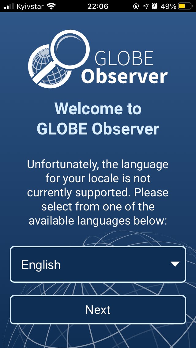 Skif_Nomad's tweet image. Розробники Globe Observer – просто бусічки 💚
У списку мов є російська, але він не працює за принципом «о, Україна? Української нема, тож хавай російську 🤡👍». Натомість вибачається, що наразі немає мови для моєї локації.
#GlobeObserver