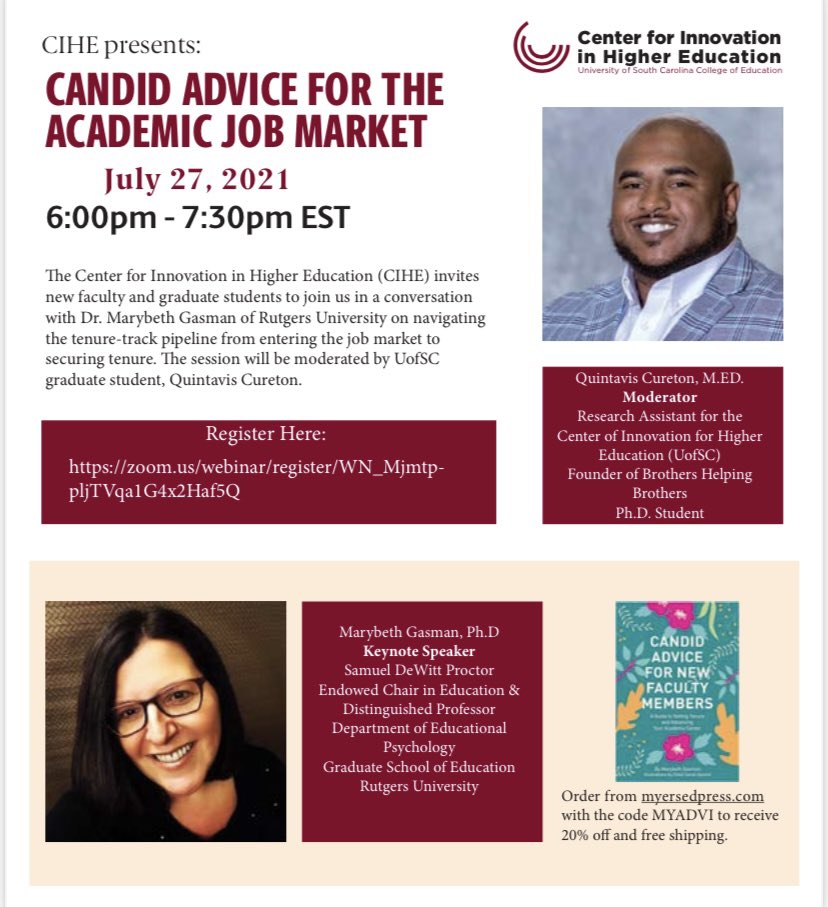 July 27, 2021  
6:00pm - 7:30pm EST <a href="/marybethgasman/">Marybeth Gasman</a> 

Register Here:

zoom.us/webinar/regist…