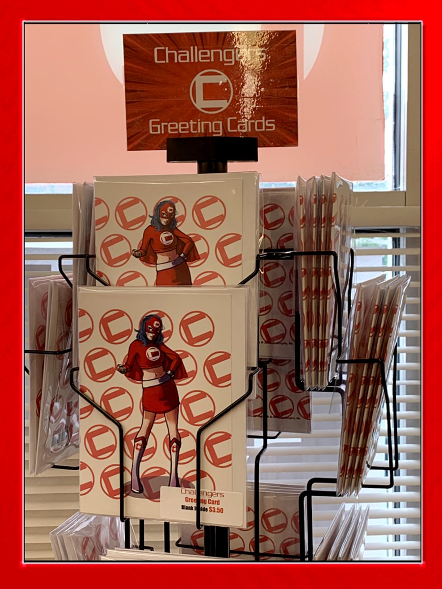 Challengers's tweet photo. It’s the 1st design in our new Challengers Greeting Card line! This one is blank inside. $3.50.
Art by @ActuallyItsKiki!
And thanks to @DovBee for the spinner rack. 
#greetingcards #kiki #challengerscomics #shoplocal #keepreadinggreetingcards https://t.co/mqAlVyeFms