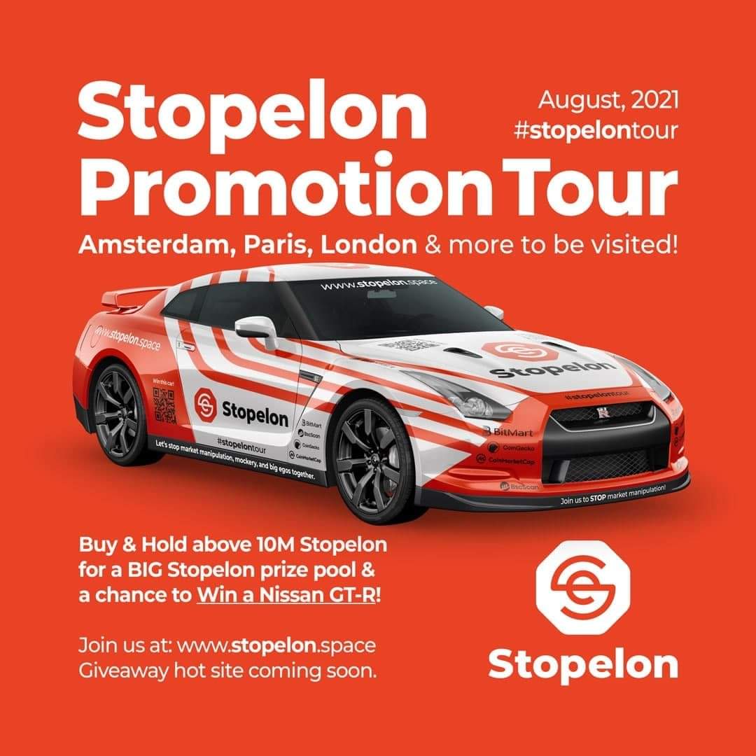 stopelonpress's tweet photo. Our biggest and boldest marketing move so far. Our Promotion Grand Tour with our own Stopelon wrapped Nissan GT-R!

We will be giving away THE Stopelon Nissan GT-R to ONE lucky winner once we reach $50M market cap again. 

Full terms to come on Hotsite. https://t.co/wnDYzHu07W