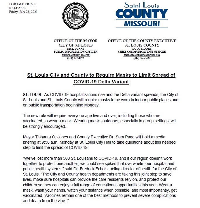 ShahlaFarzan's tweet photo. ⚠️ INBOX: St. Louis city and county are reinstating their #mask mandates, beginning Monday.

Masks will be required in all indoor public places and on public transportation for ages five and up. https://t.co/HaNx9w0ToC