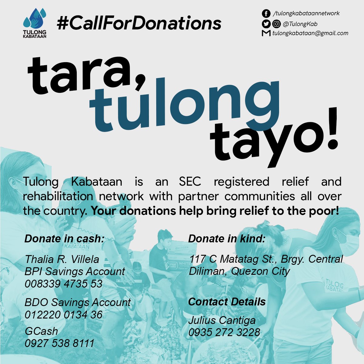 📣CALL FOR DONATIONS 

Tulong Kabataan is calling for in-kind or cash donations to be given to families and individuals who are affected by the flood in Marikina City. 

Sharing your extra resources will come a long way to help the affected families survive in the coming weeks.
