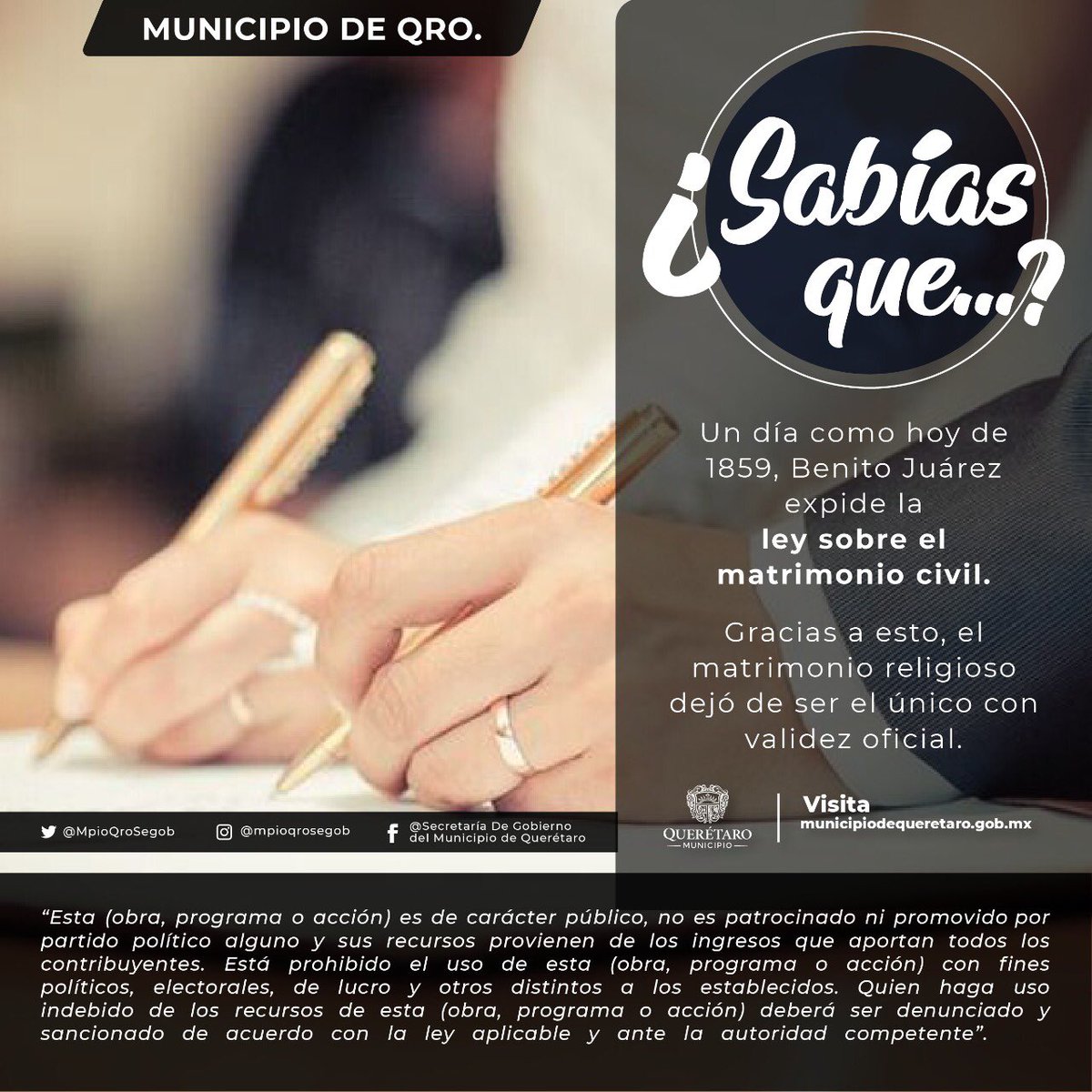 MpioQroSegob's tweet image. En un día como hoy, pero de 1859, el presidente de México Benito Juárez, expidió la Ley sobre el Matrimonio Civil👰‍♂️🤵.
Recuerda que en la Dirección del Registro Civil, ya puedes agendar tu cita en el siguiente link 📲 municipiodequeretaro.gob.mx/registro-civil…