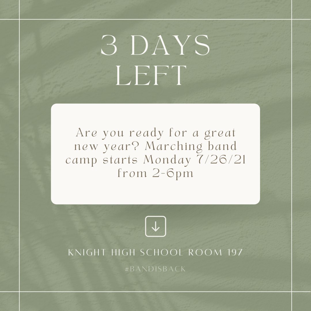 Spread the word! Band camps starts next week! Make sure you come prepared to work in athletic clothing and shoes, a mask, sunscreen, and a hat! Also, the most important thing, WATER! #bandisback