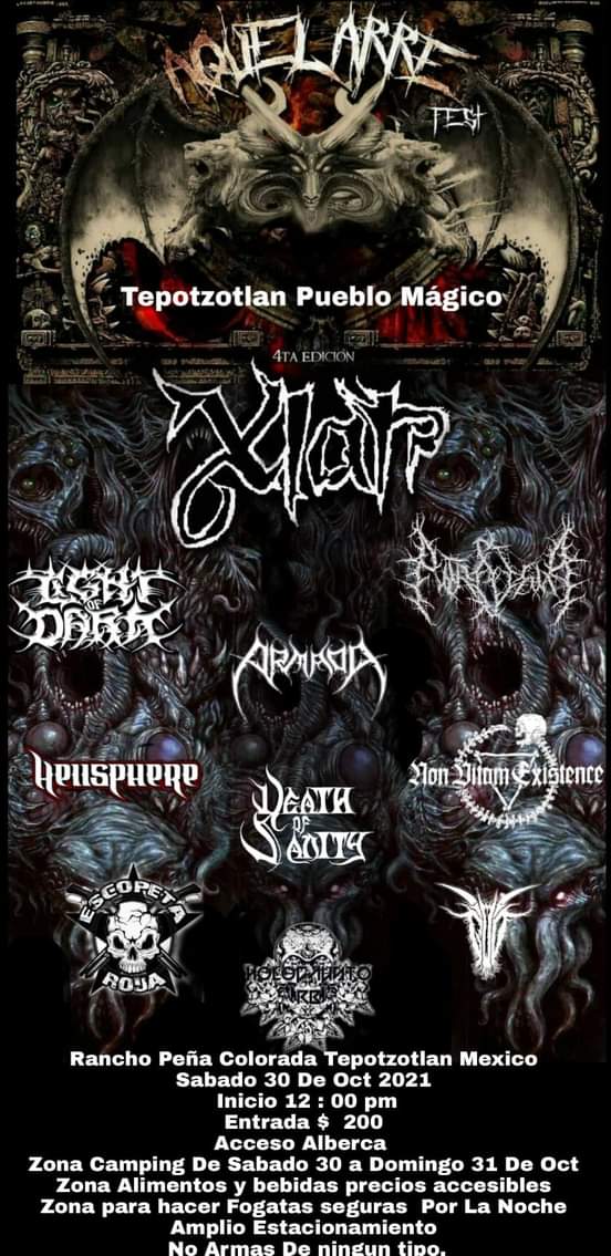 LlamadoBestia's tweet photo. El próximo sábado 30 de Octubre en Tepozotlan se llevara a cabo la 4ta edicion del #AquelarreFestMexico " Open Air Metal Extremo " con la participación de #Xiat #LightofDark #ArmadaMex #Hellsphere #NonVitamExistence #DEATHOFSANITY @escopetaroja#PUTRESCENCEOfficial y mas bandas. https://t.co/kDOLOUiJsq