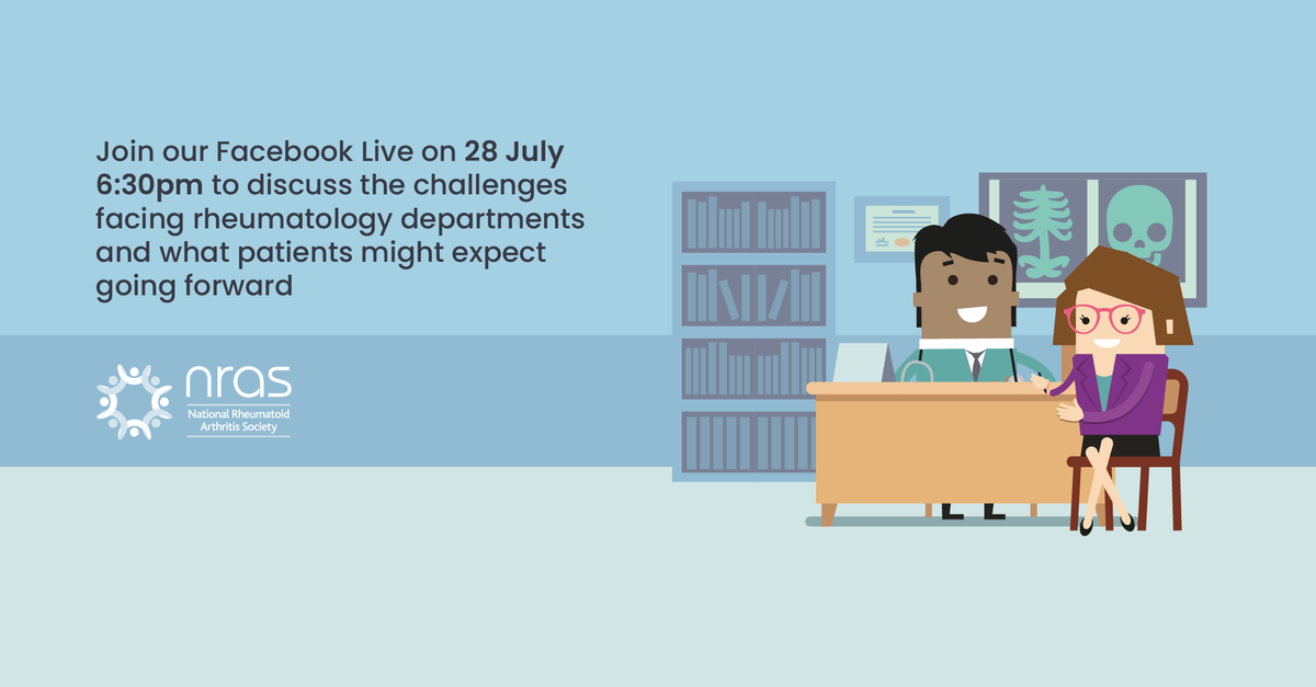 NRAS_UK's tweet photo. Join our Facebook Live on 28 July 6:30pm with with Clare Jacklin, Lizzy MacPhie and Marwan Bukhari to discuss the challenges facing rheumatology departments and what patients might expect going forward. https://t.co/ry9XlGLcnY