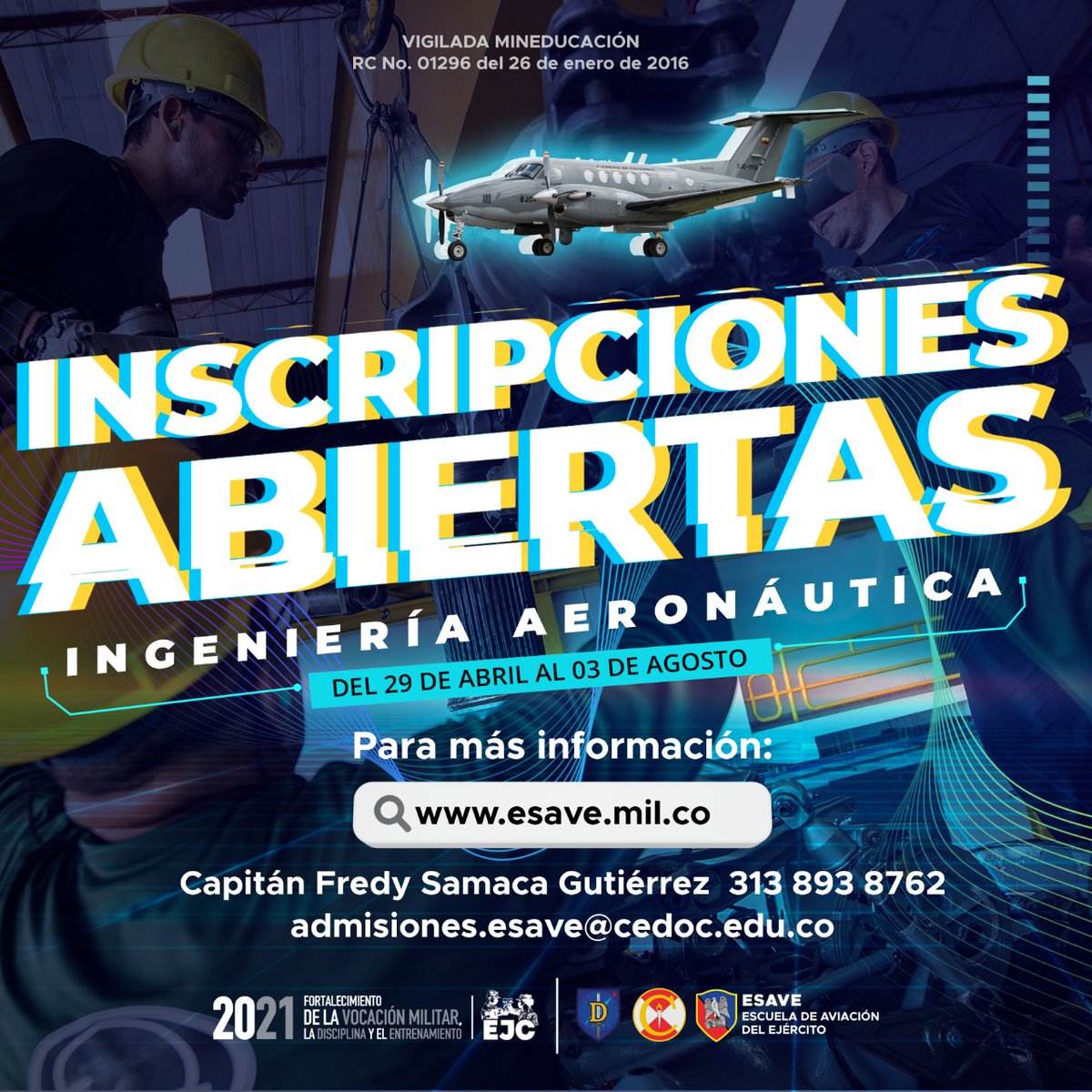 COL_EJERCITO's tweet photo. La Escuela de Aviación del Ejército continúa con las inscripciones abiertas para el programa académico de Ingeniería Aeronáutica, carrera profesional dirigida para el personal civil y militar. 
>> Toda la información en:  https://t.co/qrPVaNSpyU
#DisciplinaMilitar
@Ejercito_Davaa https://t.co/8uM6dhAGwT