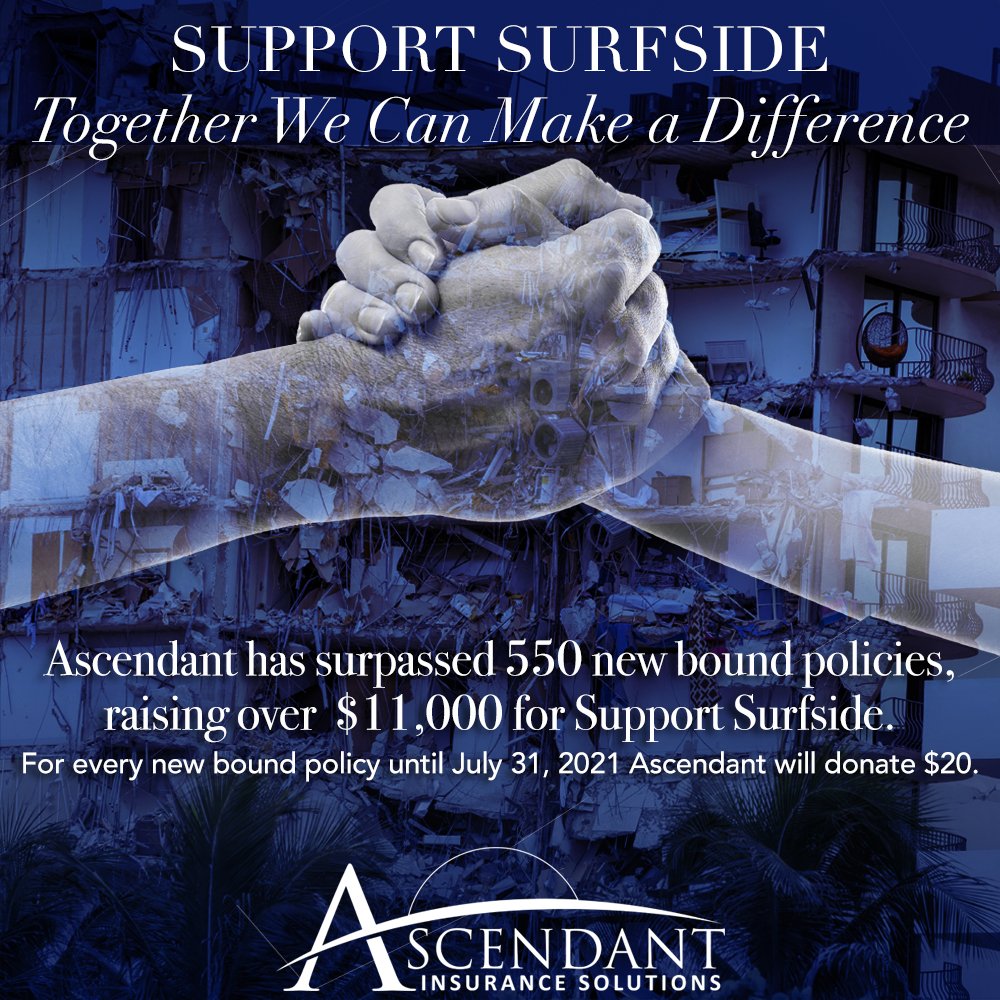 AscendantInsure's tweet photo. Thanks to your support we’ve raised over $11,000 for Support Surfside! Ascendant launched a campaign to donate $20 for every new business binder sold from July 1, 2021 - July 31, 2021 towards Support Surfside, a relief fund to help those impacted by the tragedy. #supportsurfside https://t.co/gc0Hiaj7Wk