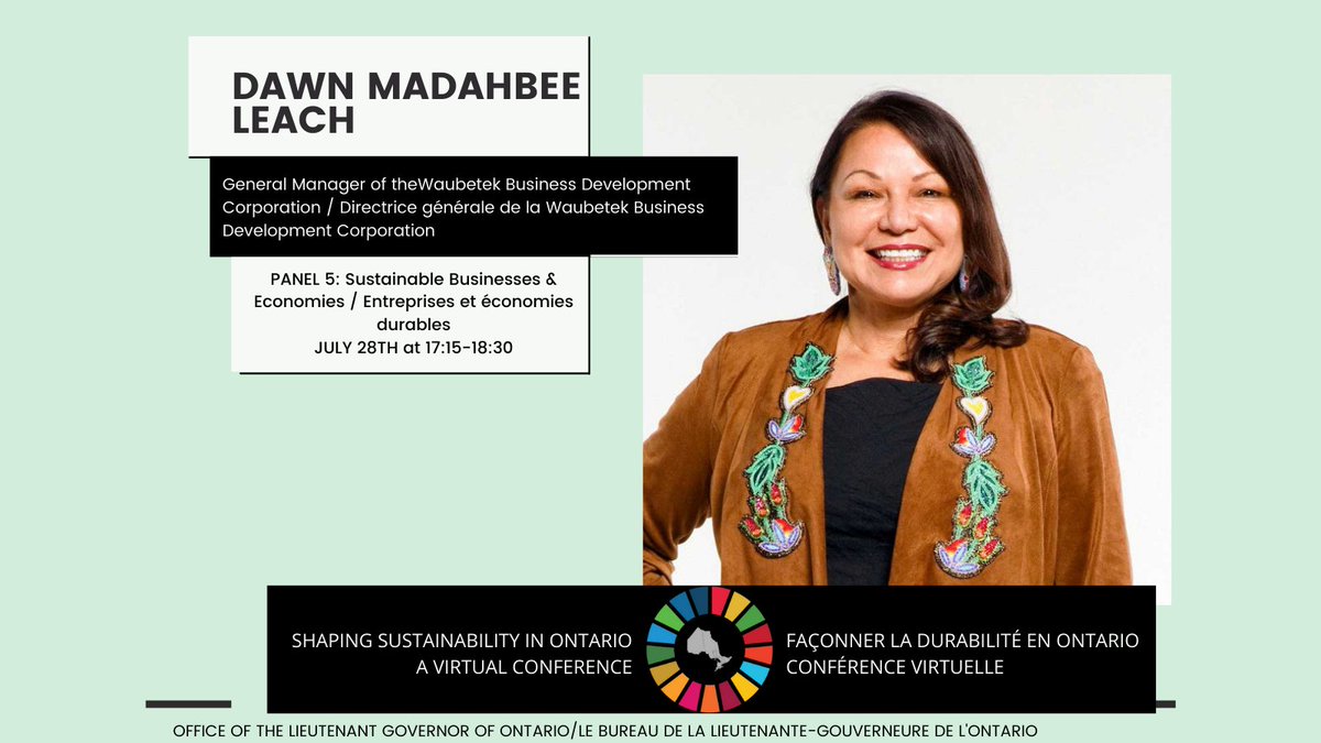 LizDowdeswell's tweet photo. A proud member of the Aundeck Omni Kaning First Nation on Manitoulin Island, @DMadahbeeLeach has been General Manager of @waubetek since 1988.

On July 28th, join her for a discussion on sustainable businesses and economies:
https://t.co/rrr4ZiXjW3 https://t.co/9n9Q74aYQj
