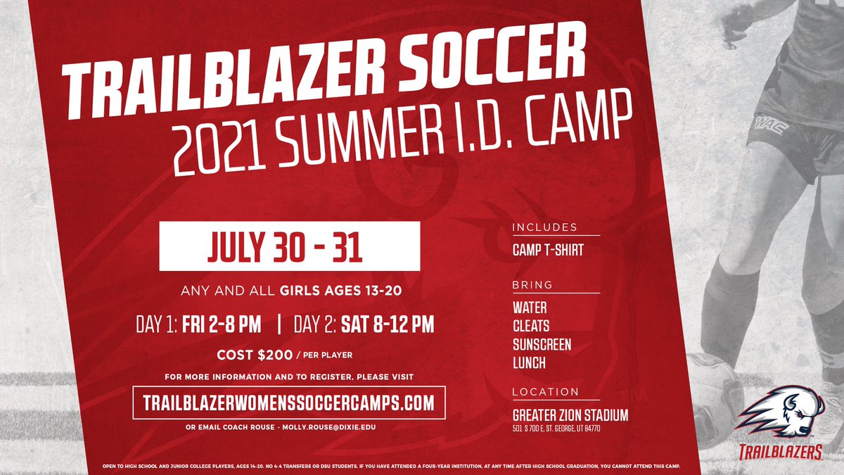Molly Marie Rouse (@mlrouse6) on Twitter photo One week left until our first division 1 Summer ID camp! So many great players already registered! We still have spots available for anyone interested! trailblazerswomenssoccercamps.com/index.cfm One week left until our first division 1 Summer ID camp! So many great players already registered! We still have spots available for anyone interested! trailblazerswomenssoccercamps.com/index.cfm