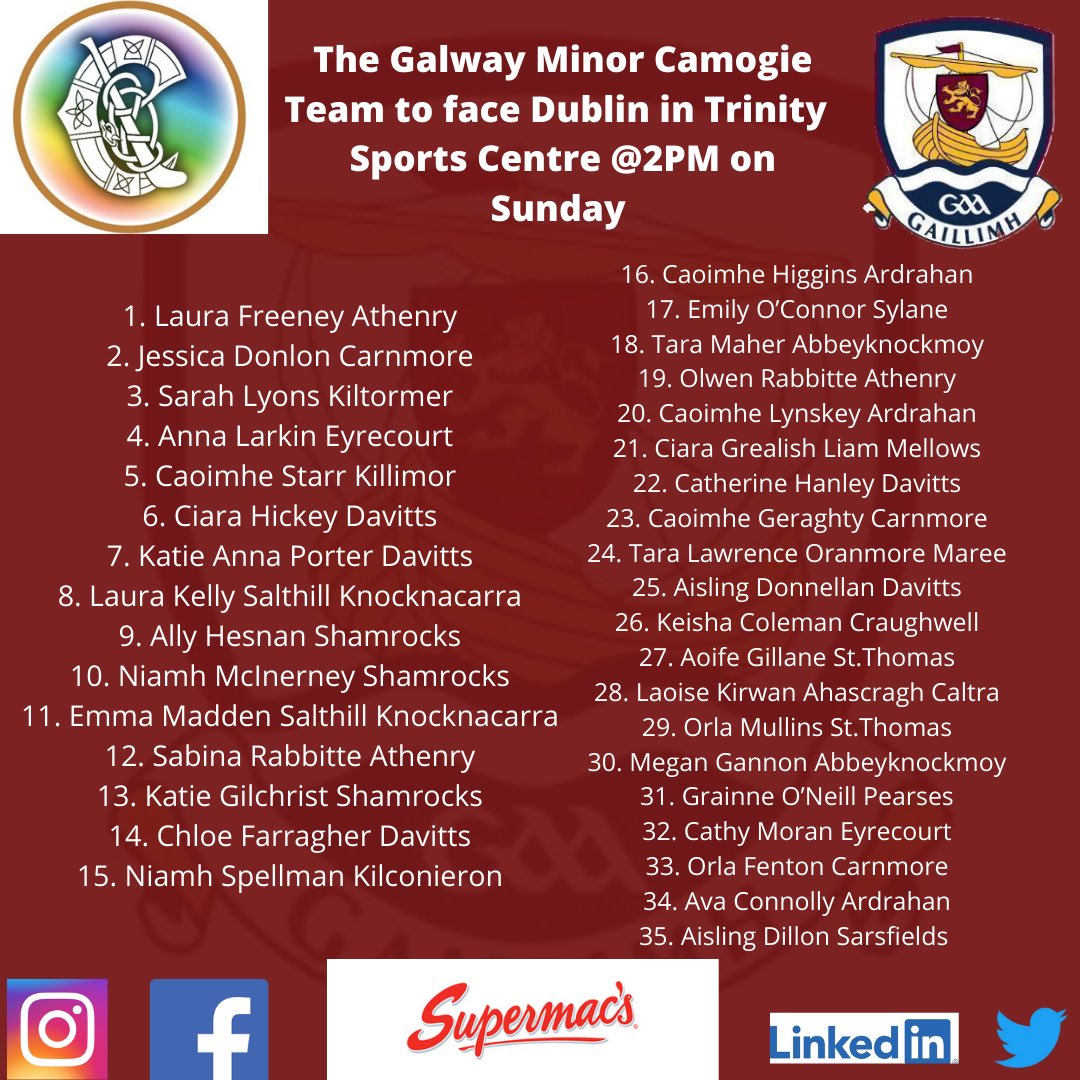 GalwayCamogie96's tweet photo. The Galway Minor Camogie Team to face Dublin on Sunday in Trinity Sports Centre At 2PM has been named!! 

Best of luck to all the girls and to Aaron and all his management team! https://t.co/p8p1leaNaw