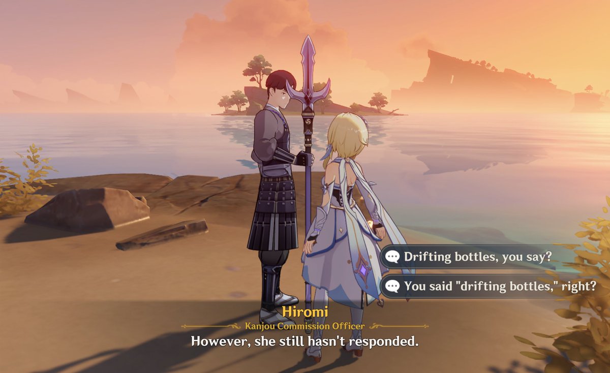 GenshinUpdate's tweet photo. Remember that drifting bottle you got from seashore of Dragonspine? (Yes the old bottle most of the players obtained around December 2020 update) we found the bottle sender! Below Inazuma City there’s a guy named “Hiromi” and talk to him to proceed. 😉 #GenshinImpact #原神 https://t.co/A6ZYvMC9AM