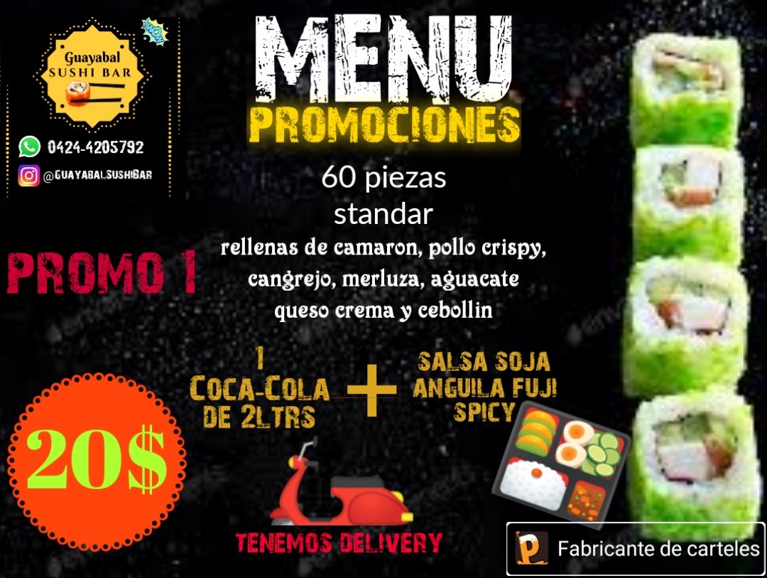 BarGuayabal's tweet photo. @BarGuayabal @GuayabalSushiBar 

60 piezas standar mixtas 
Rellenas de (Camarón, pollo crispy, cangrejo y merluza, aguacate queso crema y cebollín) 
1 CocaCola de 2 litros
-Salsa soja, anguila, Fuji spicy
#sushi #sushilover #Valencia
#Naguanagua #carabobo #delivery #sushidelivery https://t.co/V1VqhstTCu