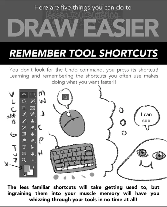 (3/6) Getting to know the tools you use (or want to use) really helped speed up my process. Also assigning the shortcuts of frequently used tools within finger's reach helped so much! 