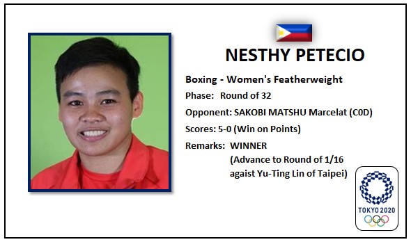 🗼 #Tokyo2020 #TokyoOlympics | #TeamPhilippines | Nesthy Petecio gets first win in the Women's Feather (54-57kg)! She advances to Round of 1/16. Congratulations! 💪💪💪