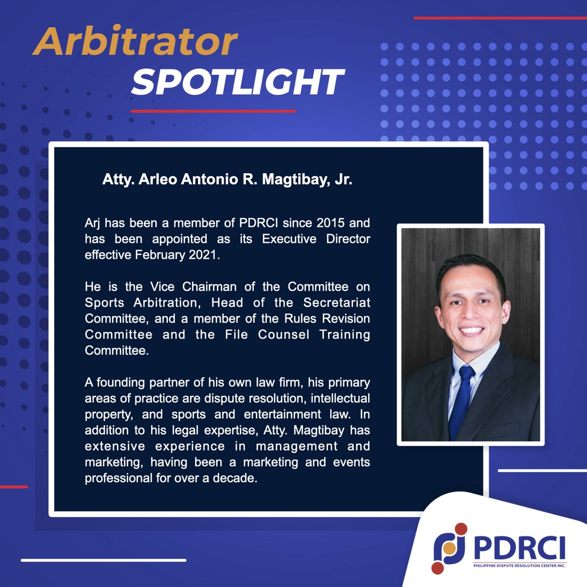 PDRC_org's tweet photo. Featuring today’s Arbitrator Spotlight, PDRCI’s Executive Director, Atty. Arleo Antonio R. Magtibay, Jr. (@magtibaylaw)
For more information on our Accredited Arbitrators and Trained Arbitrators visit: https://t.co/4fdZx2DeT3
#Arbitrator #Arbitration #PDRCI https://t.co/0vweqpIkLJ