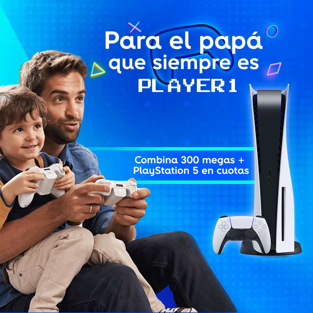 altice_do's tweet photo. Lleva el regalo de papá a otro nivel con un PlayStation 5 en cuotas y combínalo con la mayor velocidad en #TripleplayAltice: ¡Hasta 300 Megas de bajada + 100 Megas de subida! 😎🎮 https://t.co/UiLkEya8Tx
