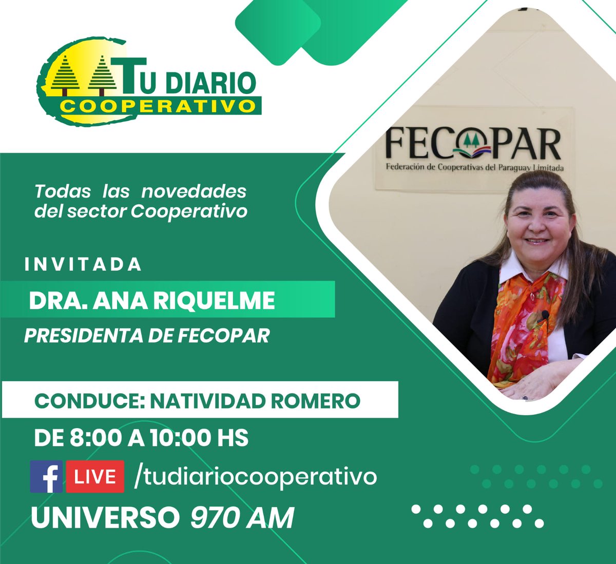 natiromeropy's tweet photo. Este sábado de 8 a 10 hs estamos en @TudiarioCoop por @Universo970py 

Invitada: Dra Ana Riquelme, Presidenta de #FECOPAR. Celebramos los 14 años de la federación con muchos regalos para la audiencia! https://t.co/VEXvzXB6d3