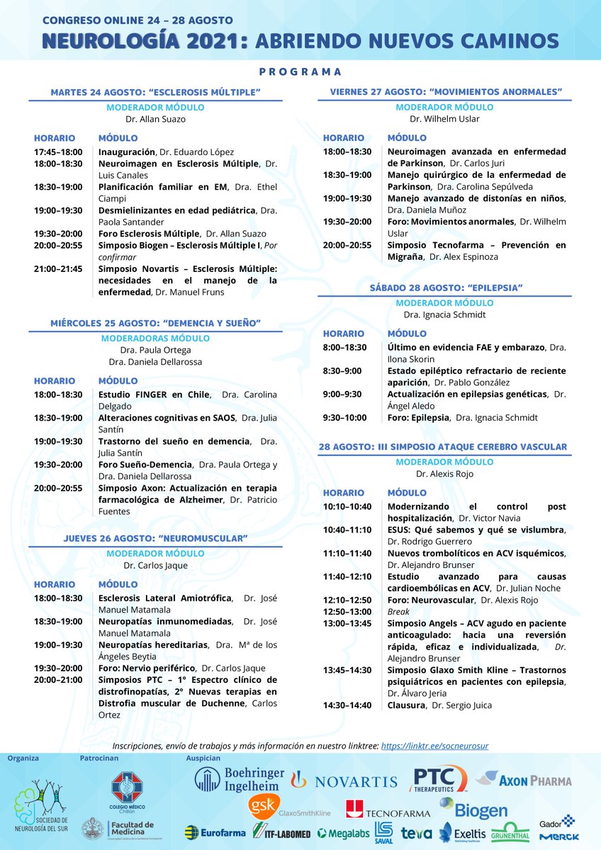 ¡No esperes más para enviar tu trabajo, tienes hasta el 2 de agosto! 
Comienza la cuenta regresiva ya que en 31 días inicia el Congreso Neurología 2021: #AbriendoNuevosCaminos organizado por la Sociedad de Neurología del Sur. Encuentra más información aquí linktr.ee/socneurosur