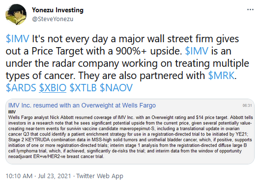 SteveYonezu's tweet photo. $IMV Tweeted during market hours at $1.40 (when stock was up 1%). Hit $3.00 during after hours for a potential 114% gain! Hopefully some of my followers banked off of it.#CalledItFirst $NAOV 💸💰🤑 https://t.co/GIAAm42dKY
