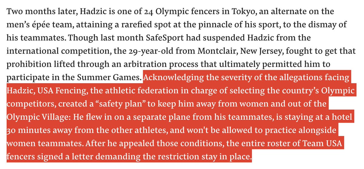 kumaraishwarya's tweet image. This paragraph in the @BuzzFeedNews investigation into why fencer Alen Hadzic, who is under investigation for sexual assault, is allowed to compete in the #Olympics is absolutely bonkers. I read it a couple of hours ago and can't stop thinking about it: buzzfeednews.com/article/briann…