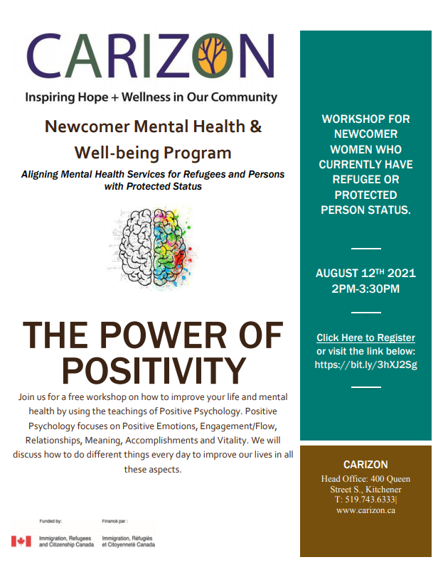 DowntownNeighb1's tweet photo. Carizon’s Newcomer Mental Health Program – A Promise of Partnership has a new, upcoming workshop – The Power of Positivity. Available for newcomer women who currently have refugee or protected person status (August 12, 2021). Register here. https://t.co/a2zujErVTr https://t.co/4IKBKQtY3a