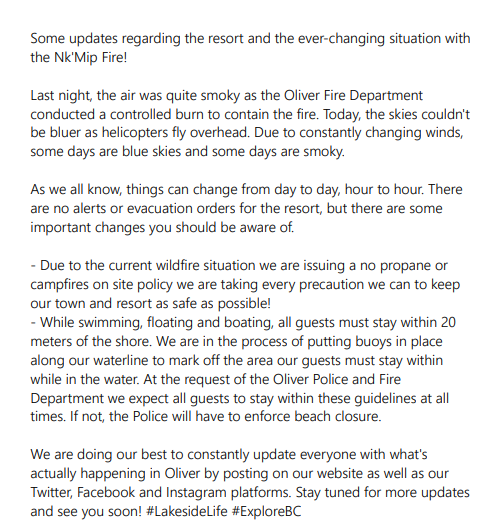 LakesideOliver's tweet photo. An update regarding the NK'Mip Fire and some rule changes! #LakesideLife https://t.co/d2Aziyi4dm